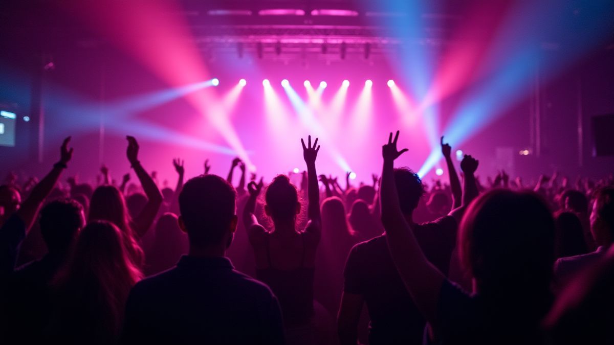 Multidão dançando sob luzes de néon em um festival de música.