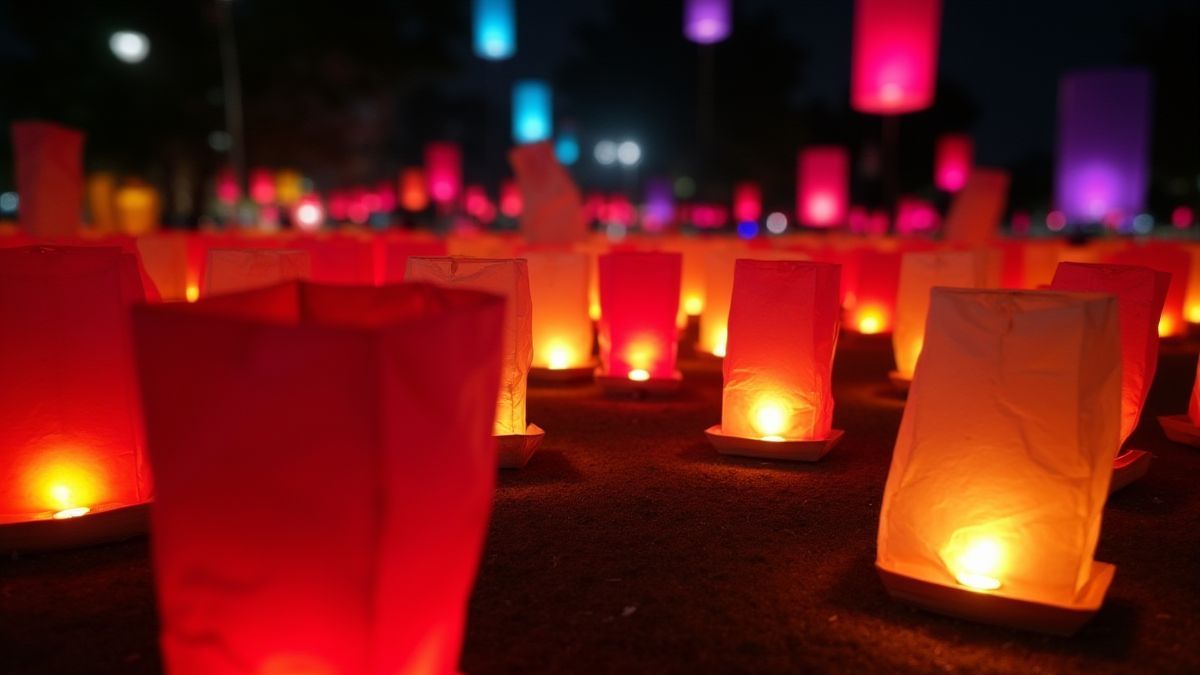 Lanternas iluminadas em um festival noturno.