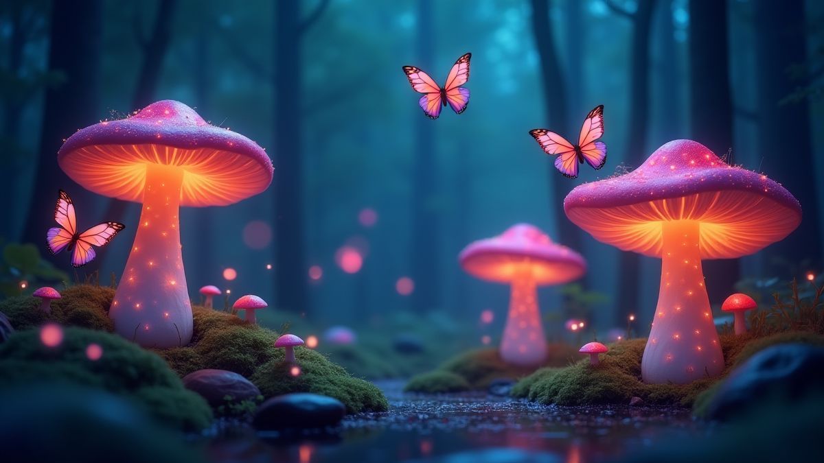 Setas brillantes y mariposas en un bosque mágico.
