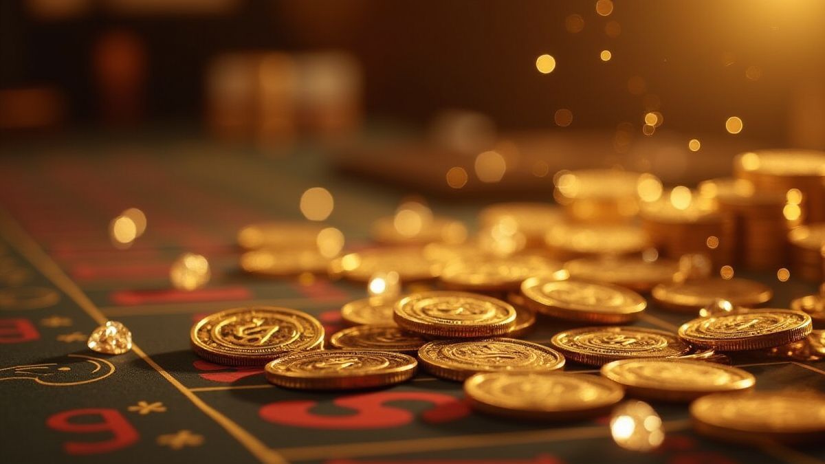 Moedas de ouro e diamantes em uma mesa de cassino.