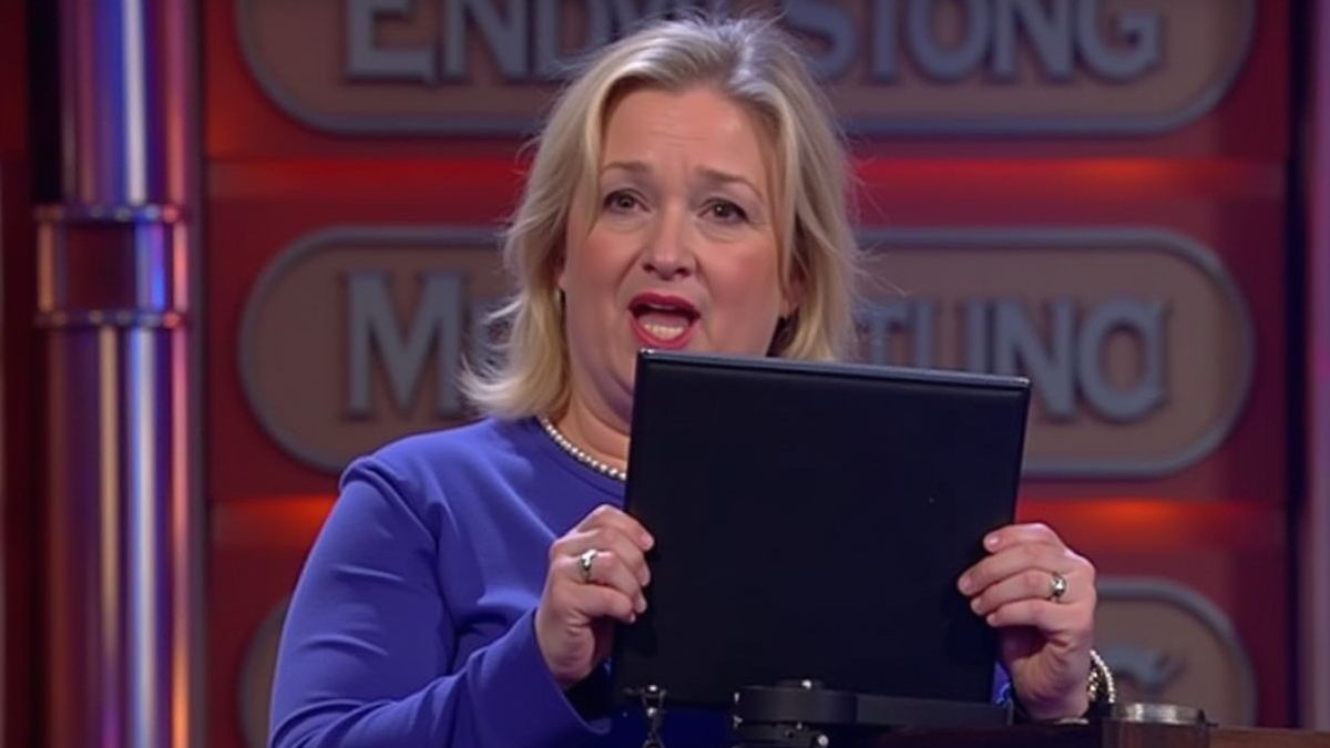 Teilnehmer hält eine Aktentasche auf einer hell erleuchteten Quizshow-Bühne.