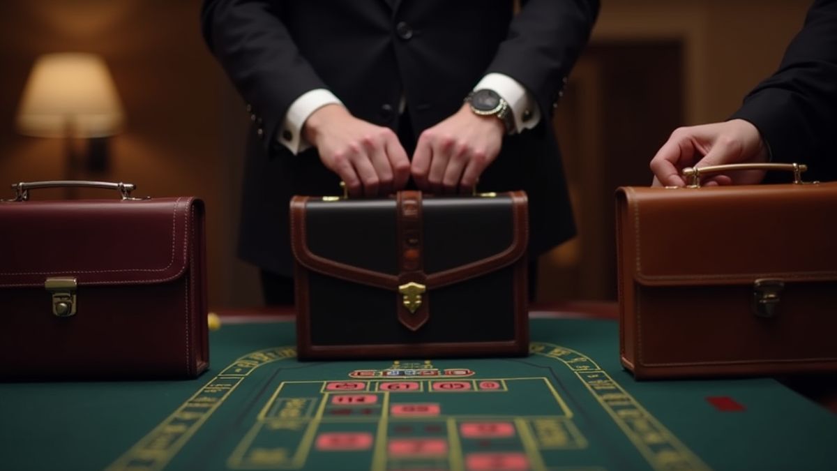 Spieler wählt zwischen Aktentaschen in einem Casino-Spiel.