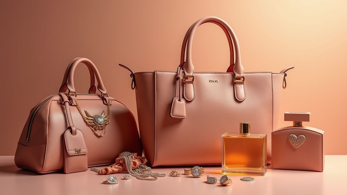 Luxusartikel wie Handtaschen und Parfums in einer eleganten Ausstellung.