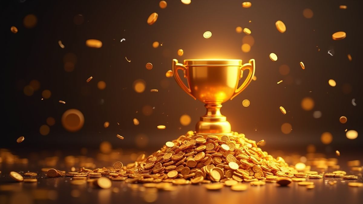 Jackpot-Feier mit Goldmünzen und Konfetti.