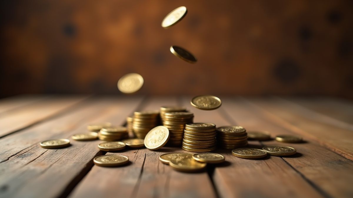 Monedas cayendo sobre una mesa rústica española.