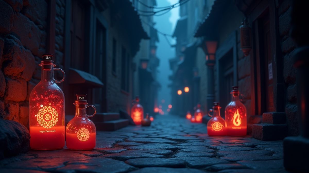 Leuchtende Runen und magische Tränke in einer dunklen Gasse