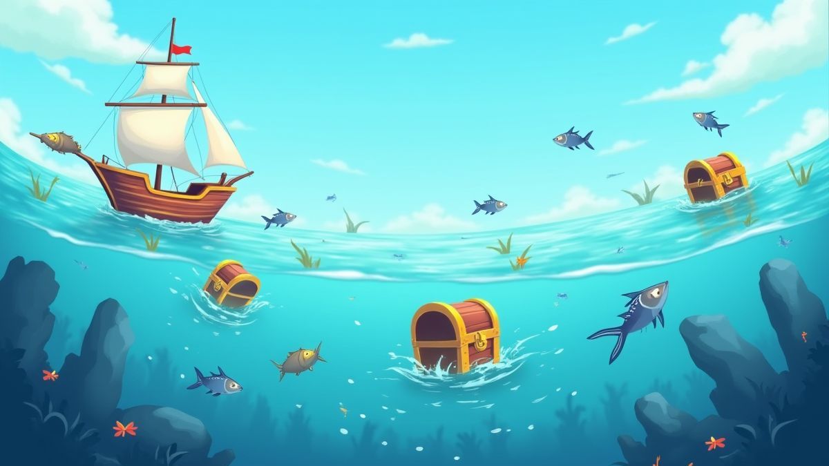 Escena animada de um barco pesquero rodeado de peces y cofres del tesoro flotando en el agua.
