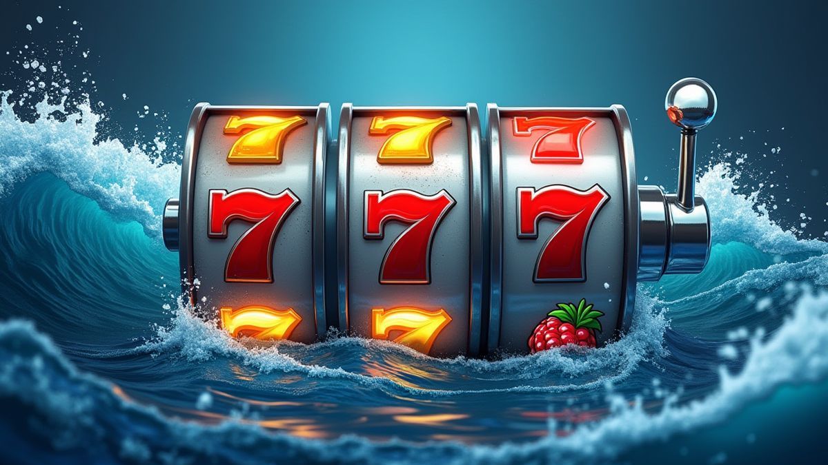 Visualização animada de carretes de slot com símbolos que variam em número, rodeados de ondas oceânicas.