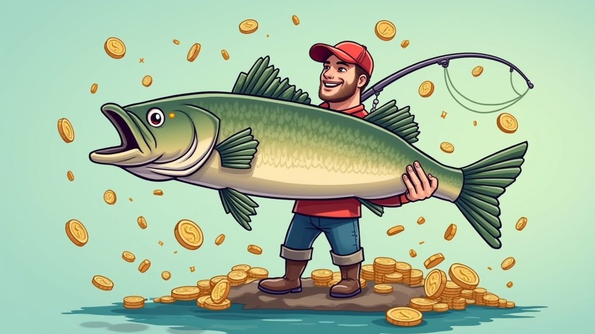 Um pescador segurando um enorme peixe prêmio com moedas caindo ao seu redor.