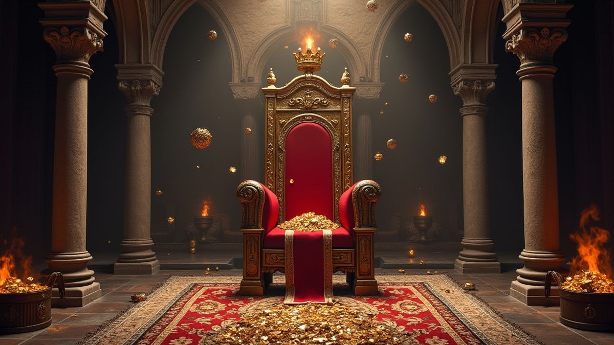 Sala do trono medieval com símbolos reais e tesouros.