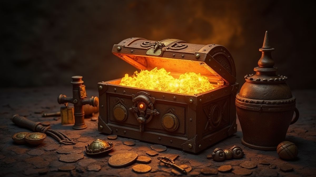 Cofre do tesouro brilhante rodeado de artefatos medievais.
