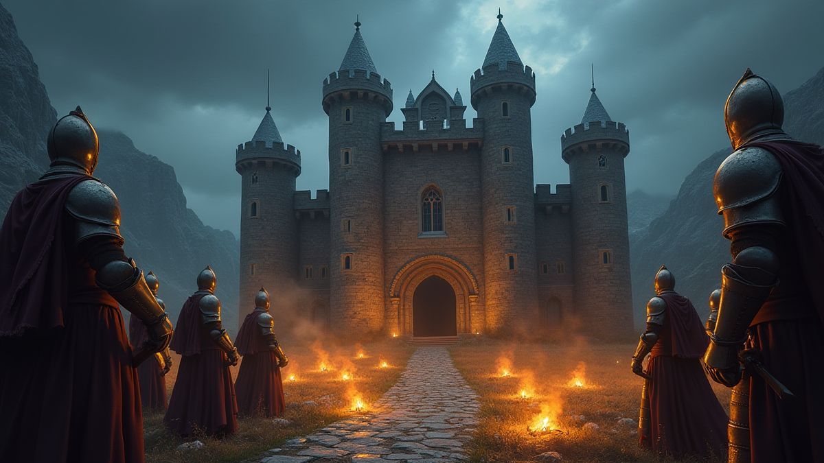 Castelo medieval rodeado de cavaleiros e tesouros brilhantes.