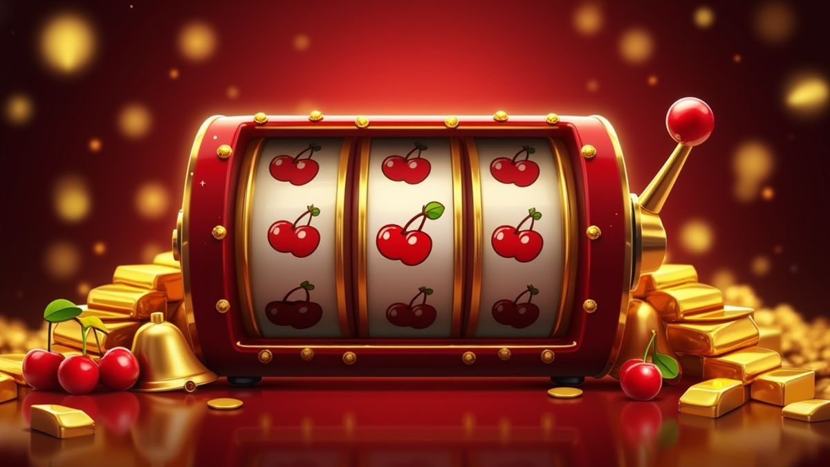 Símbolos clásicos en un slot: cerezas, campanas y lingotes de oro.