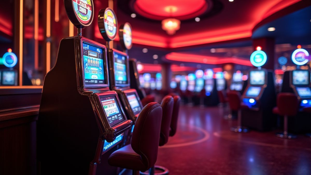 Interior de un casino elegante con luces brillantes y una máquina tragaperras clásica.