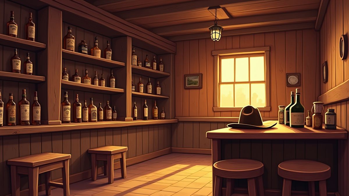 Intérieur d'un saloon avec des meubles en bois et des bouteilles de whisky.