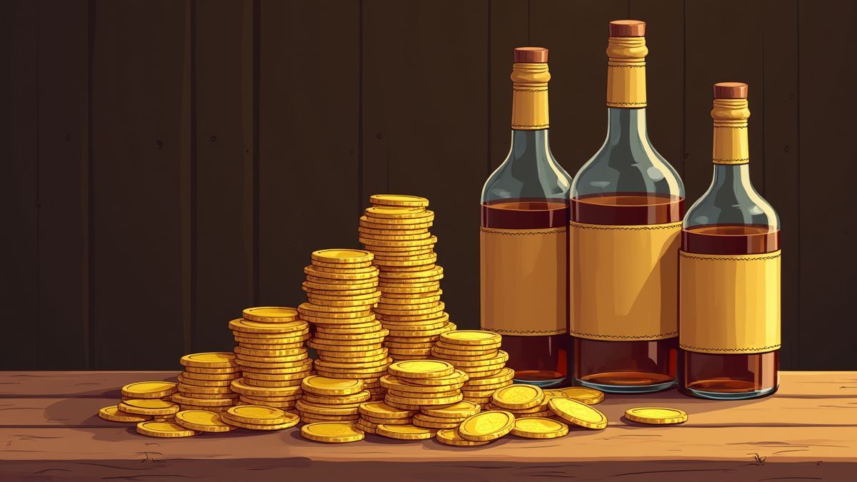 Montagne de pièces d'or et de bouteilles de whisky sur une table de saloon.