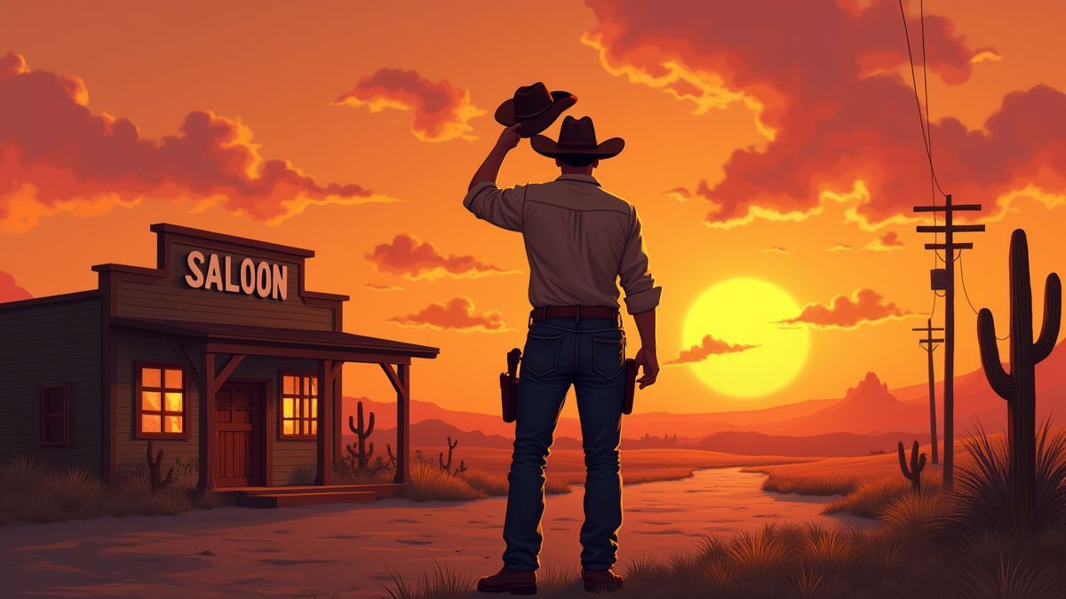 Un cow-boy inclinant son chapeau devant un saloon au coucher du soleil.