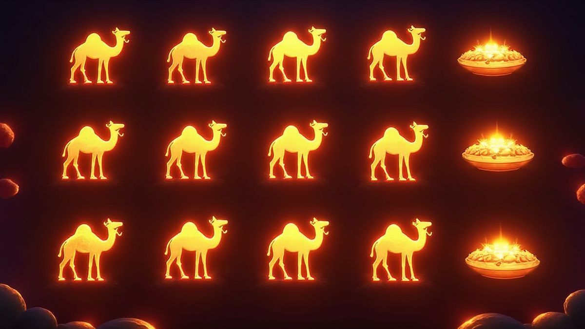 Interfaz de m&aacute;quina tragamonedas con camellos y tesoros brillantes.