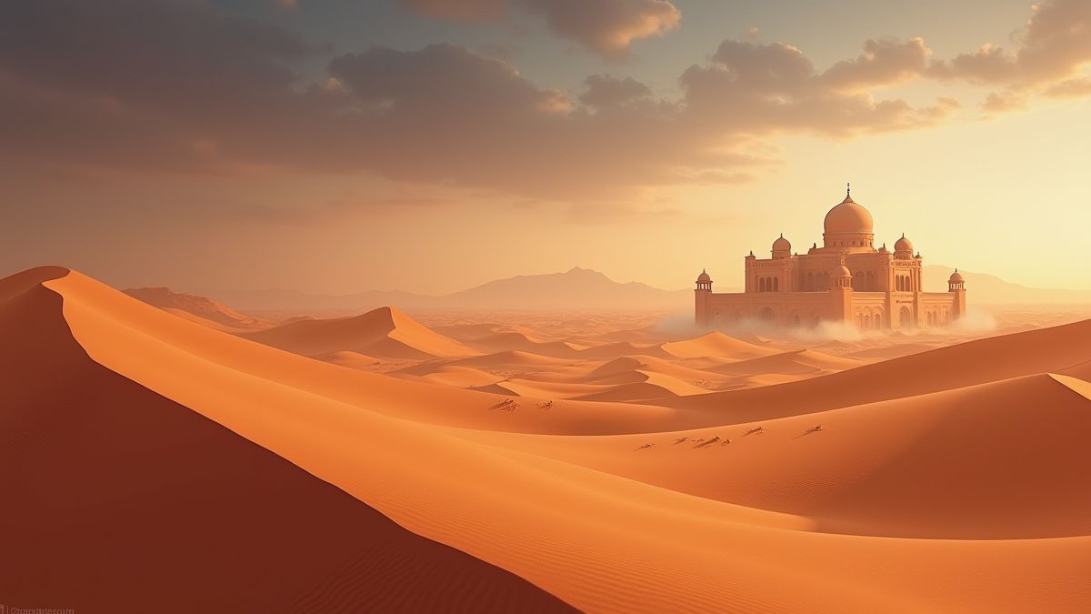 Paisaje del desierto con dunas y un palacio al fondo.