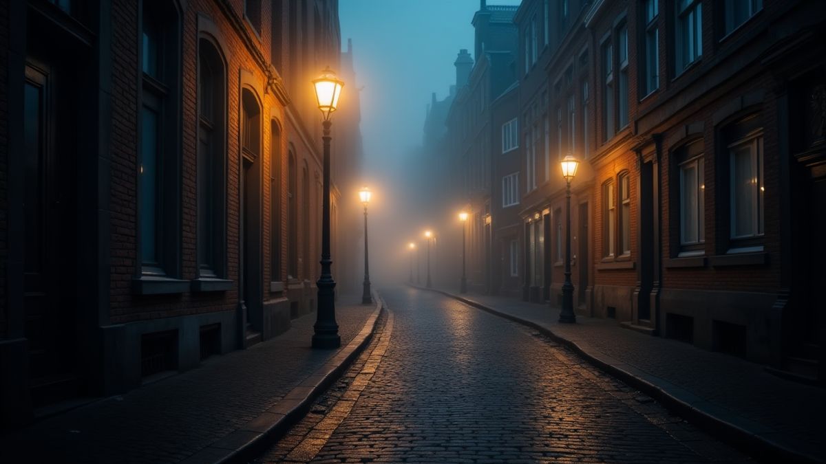 Una calle empedrada iluminada por farolas de gas en un ambiente neblinoso.