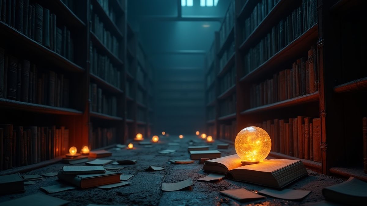 Uma biblioteca escura com orbes brilhantes e livros.
