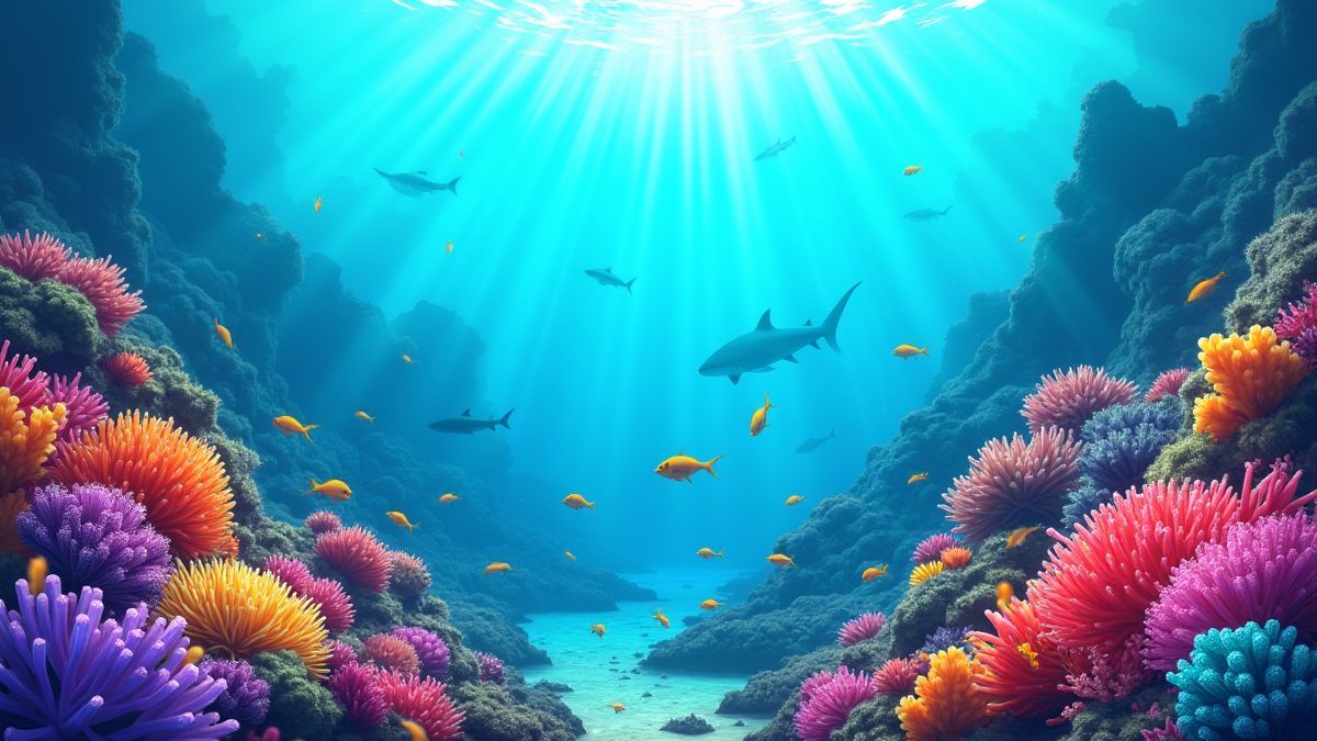 Arrecifes de coral vibrantes con peces y un tiburón a lo lejos.