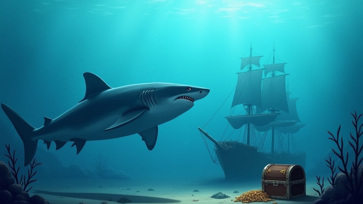 Un tiburón nadando cerca de un barco hundido y un tesoro.