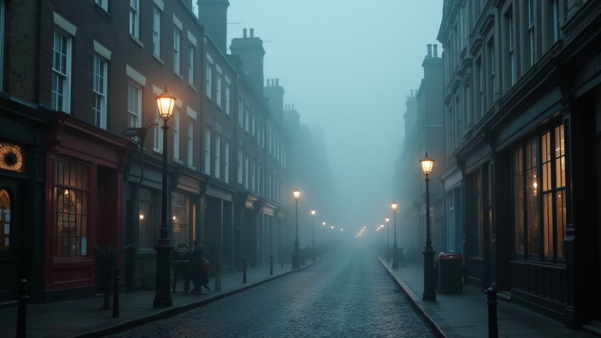 A Victorian London street with fog and gas lamps.