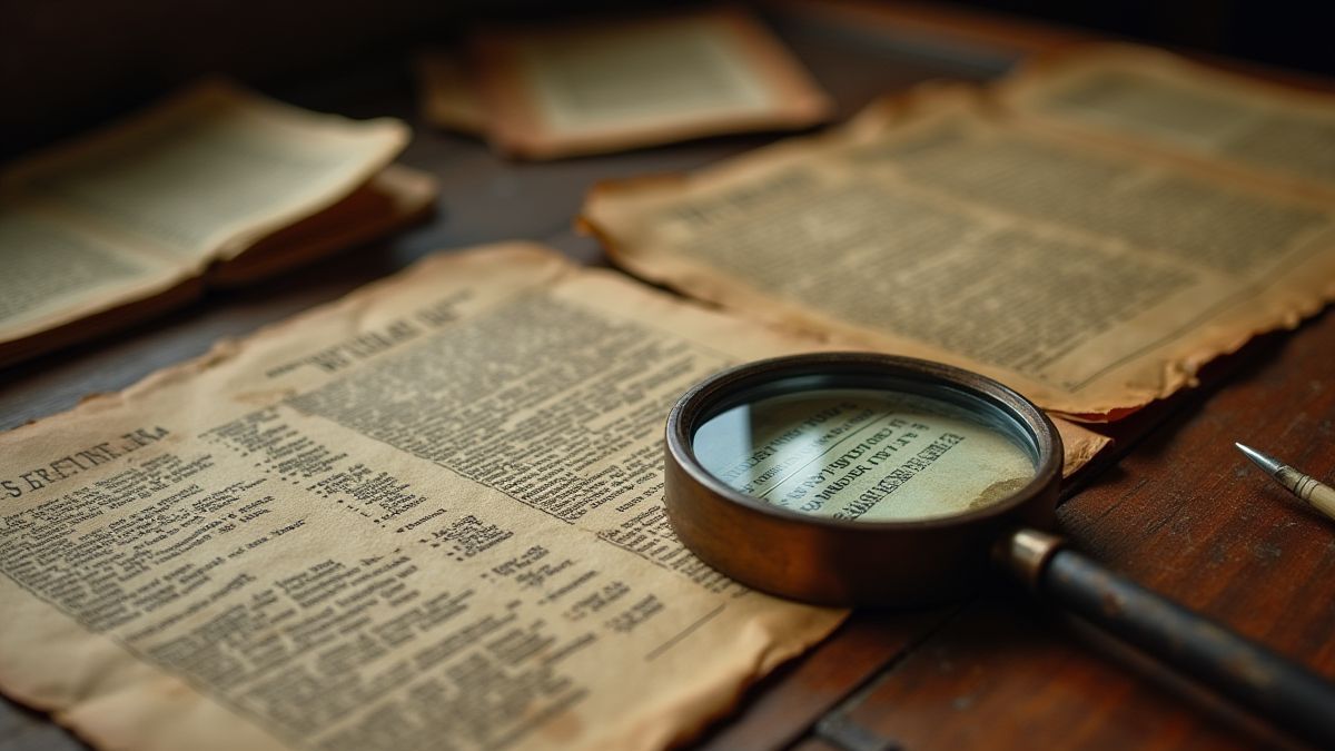 A magnifying glass on a desk surrounded by papers and clues.