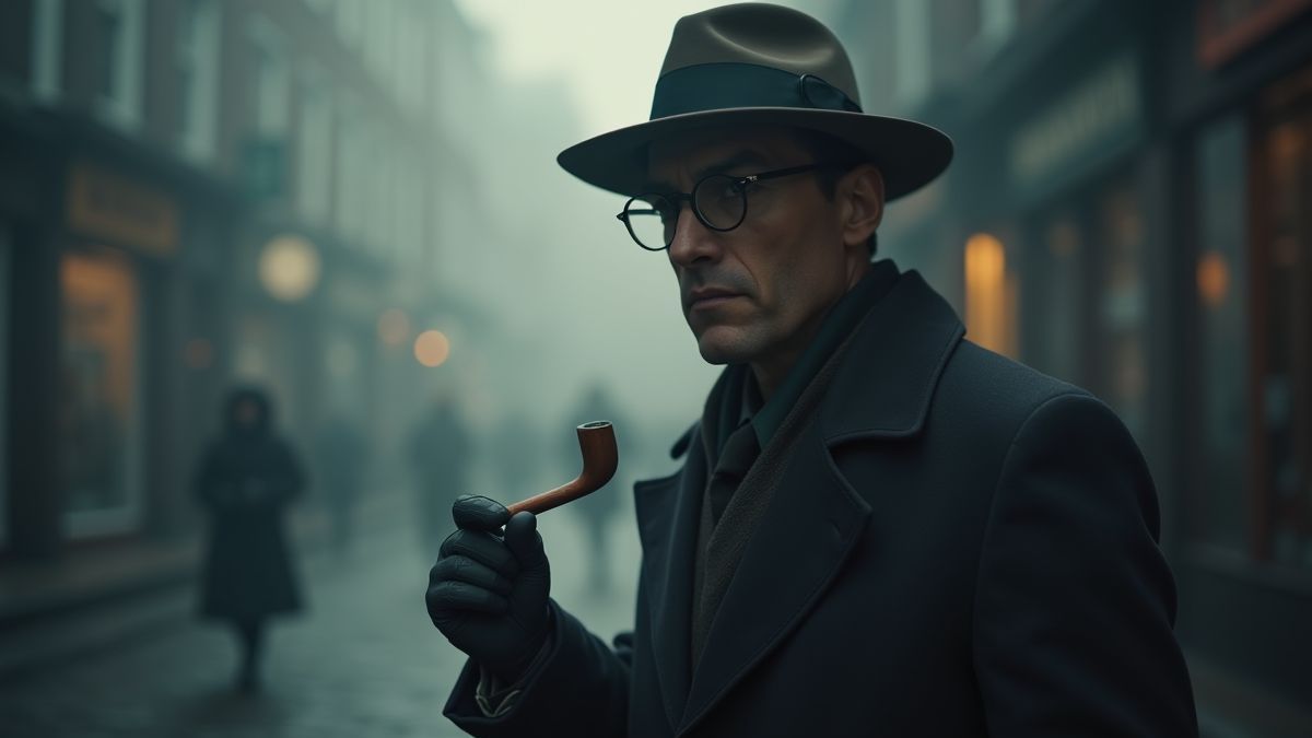 A detective holding a pipe in a foggy street.