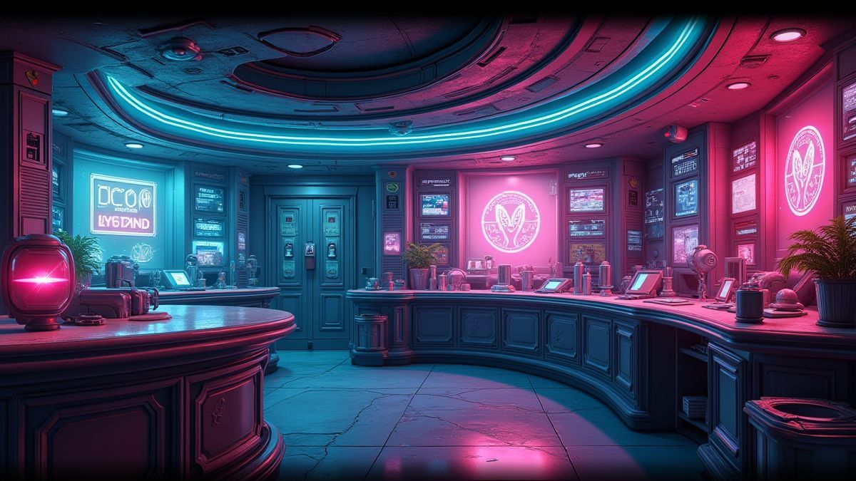 Laboratoire futuriste avec lumières de néon et technologie avancée.