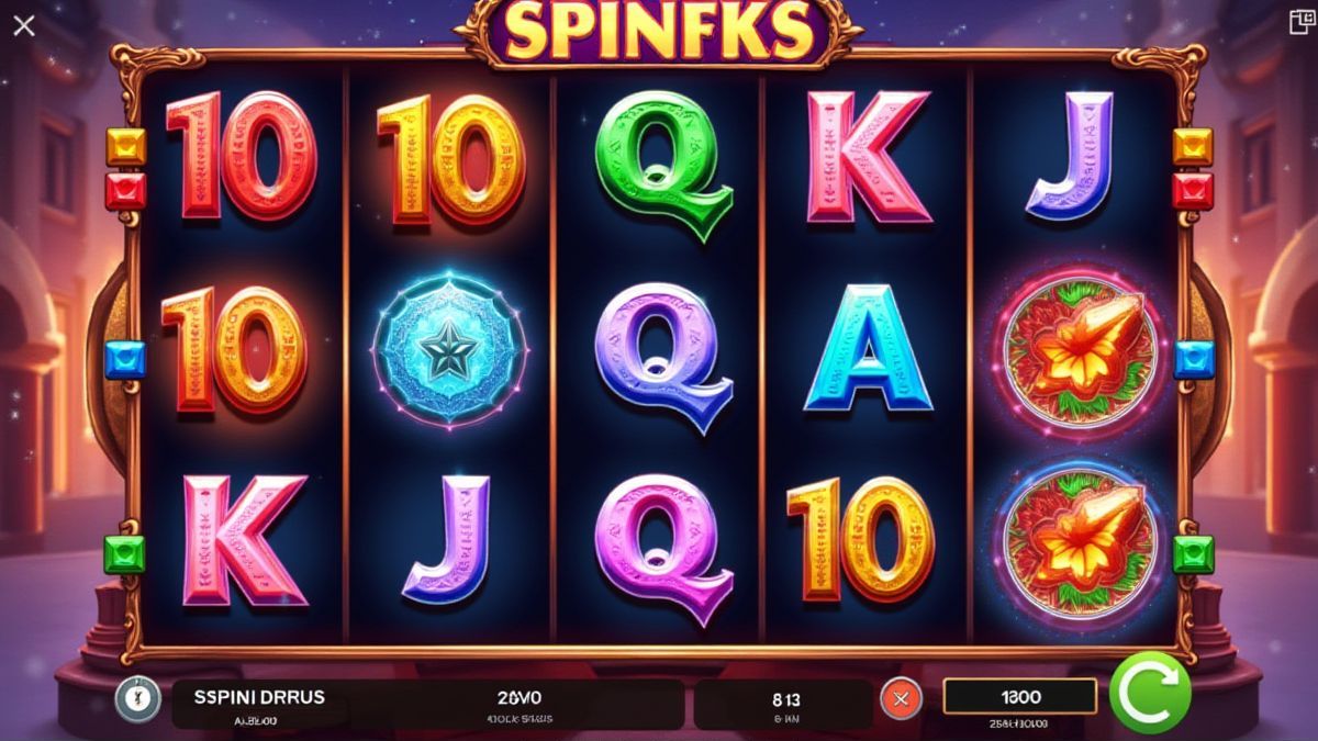 Interface de machine à sous avec rouleaux tournants et symboles vibrants.