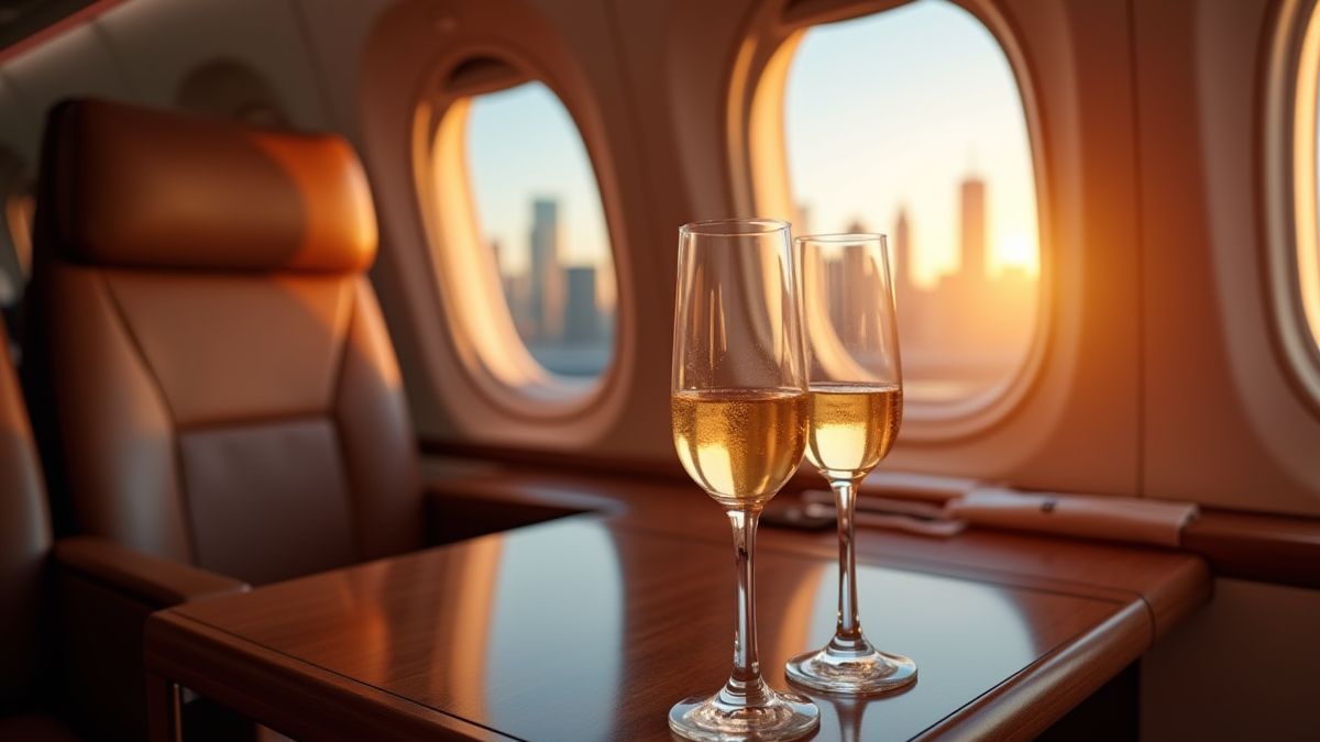Interior de um avião de luxo com copas de champanhe e um horizonte urbano visível.