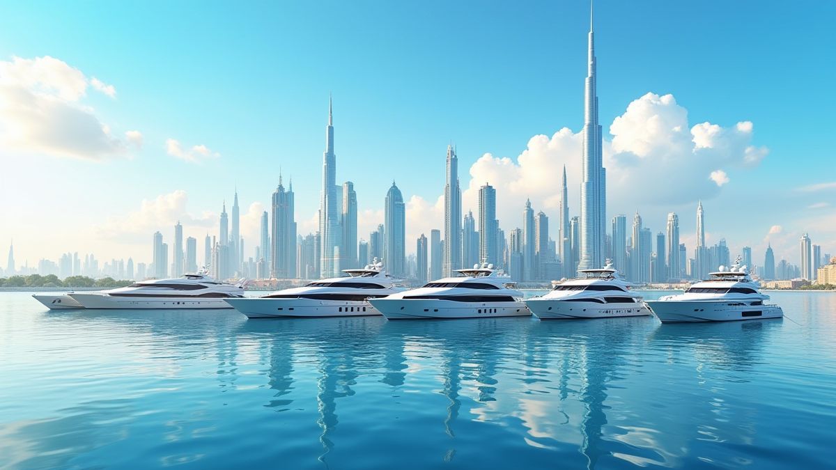 Horizonte de Dubai com iates de luxo e arranha-céus.