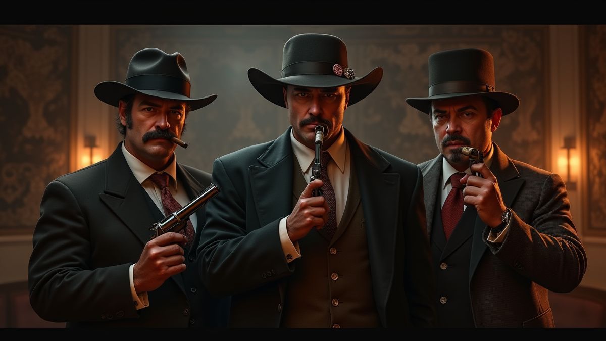Three mobster characters in a 1920s style room