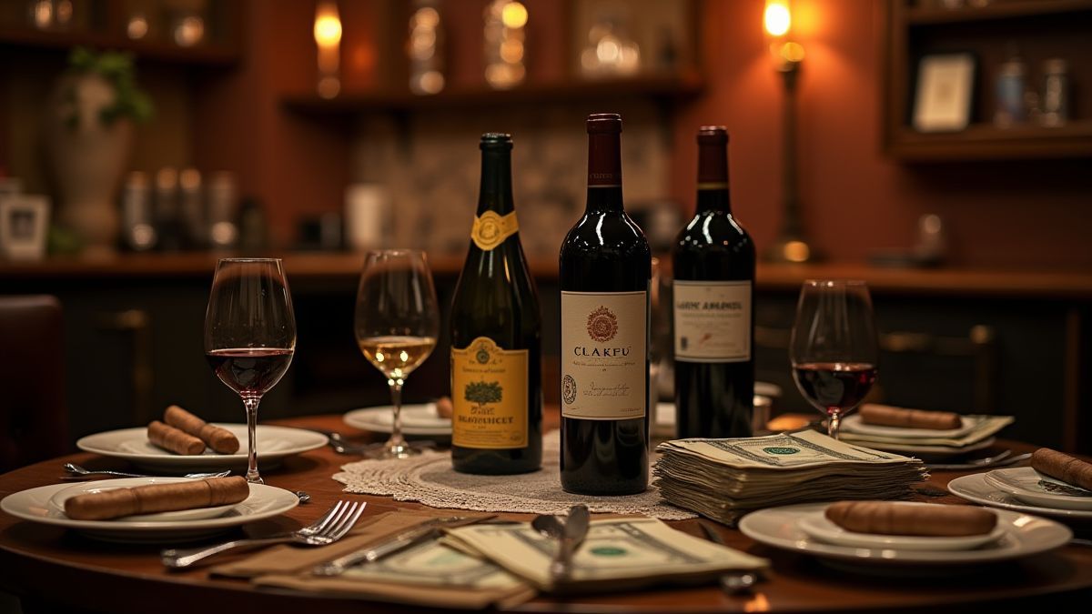 Restaurante italiano com botellas de vinho e detalhes mafiosos.