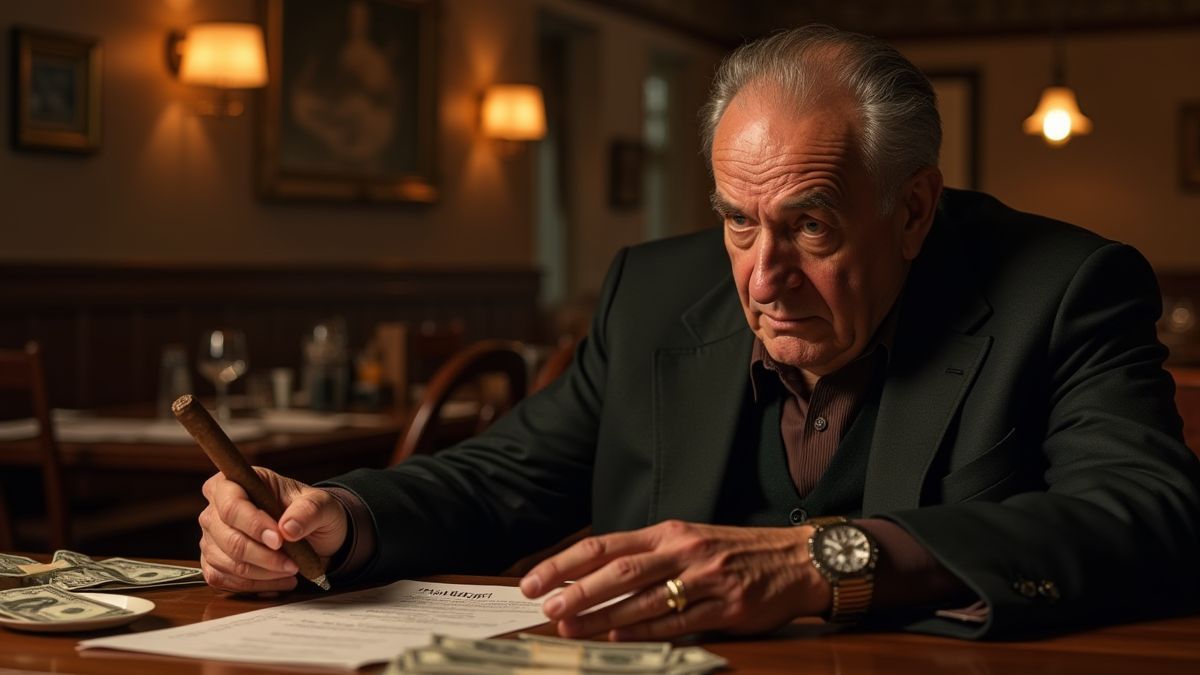 Viejo mafioso negociando en um restaurante italiano.