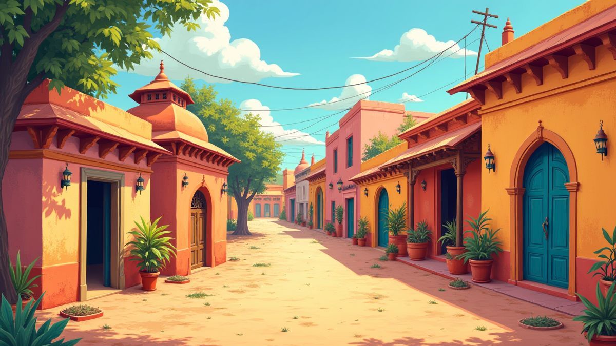 Een Indiaas dorp vol levendige kleuren en culturele decoratie.