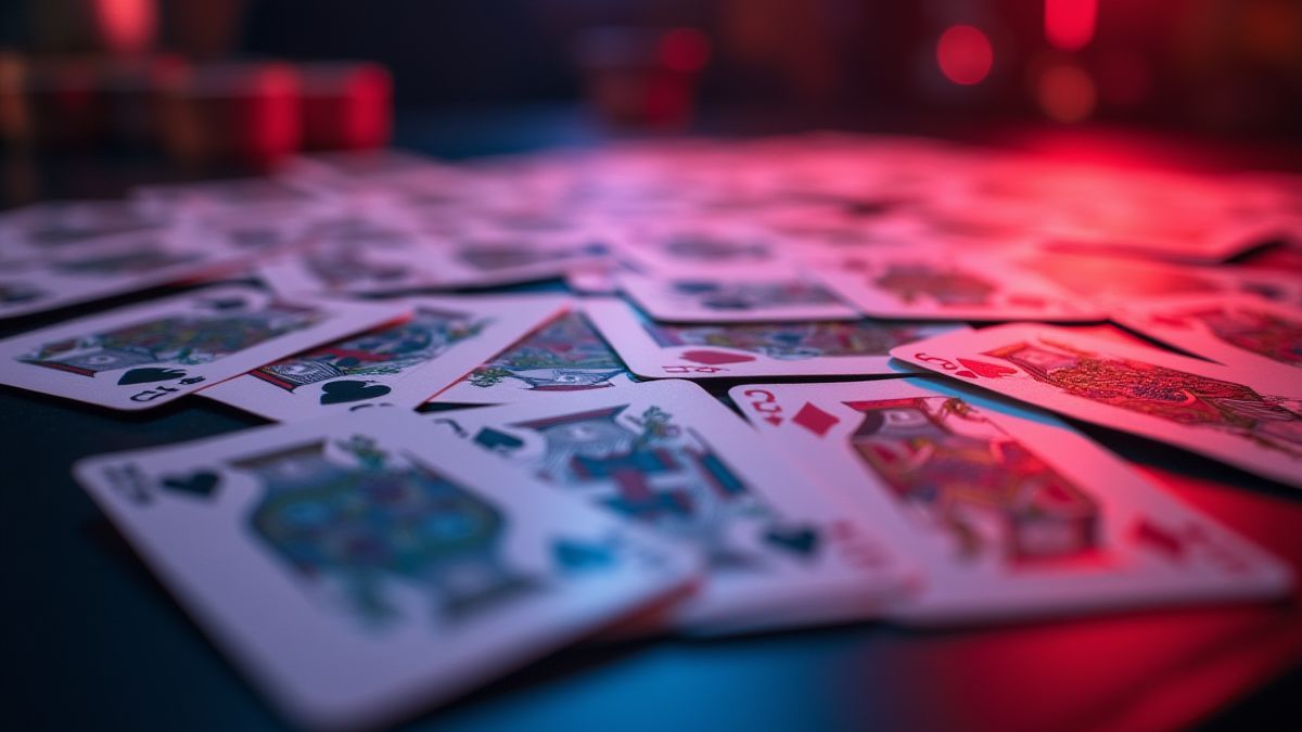 Een kaartspel verspreid over een tafel met levendige verlichting.