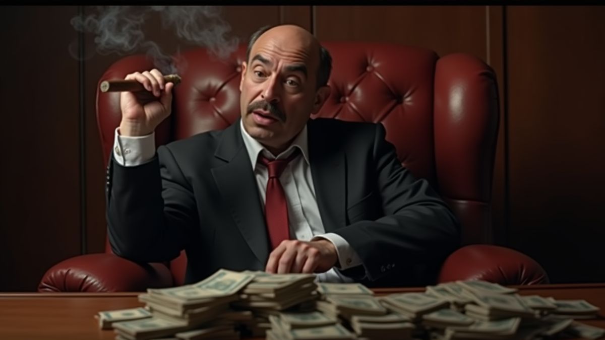 Ein Mafia-Boss sitzt in einem Ledersessel mit Geld auf dem Tisch.