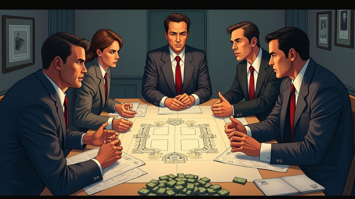 Mafia-Meeting mit Charakteren, die Strategien planen.