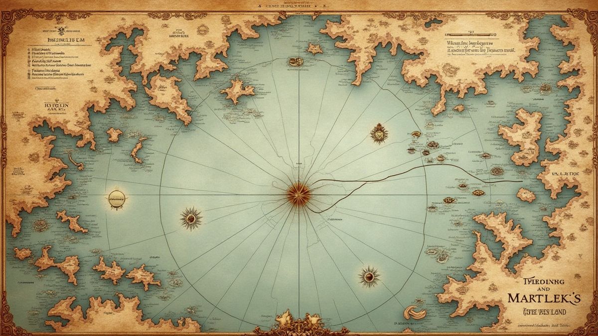 Mapa antigo com rotas maritimas e tesouros.