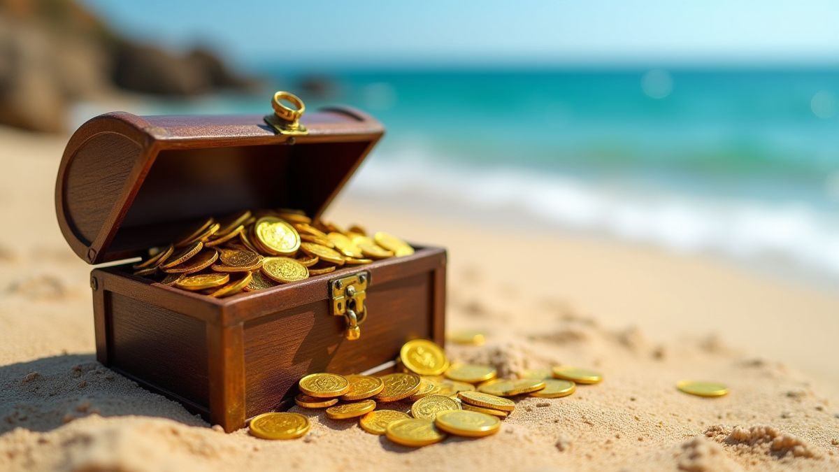 Cofre do tesouro cheio de moedas em uma praia deserta.