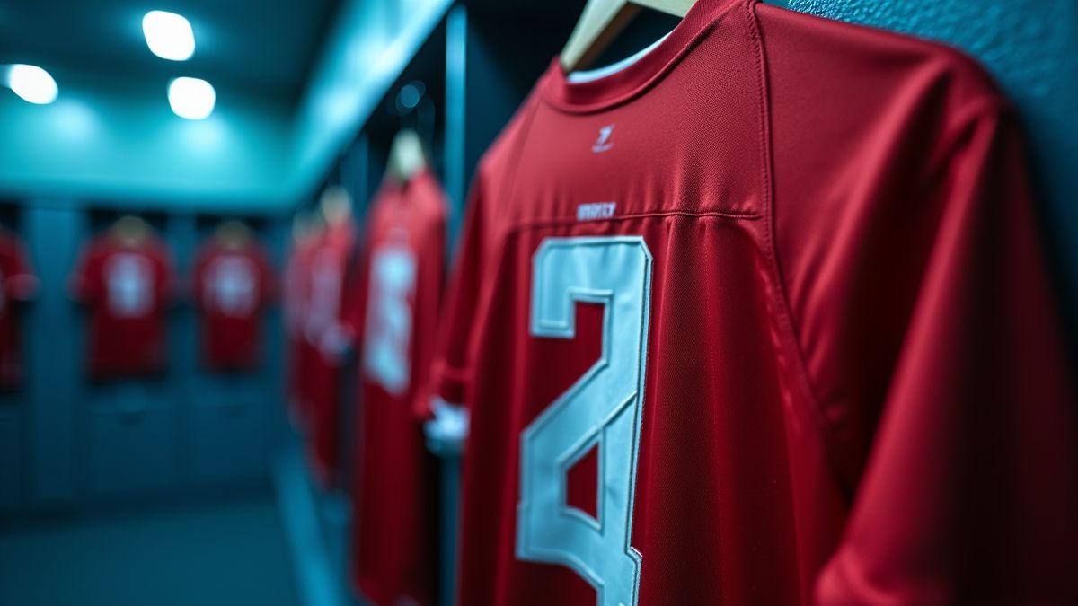 Camiseta de fútbol en un vestuario iluminado.