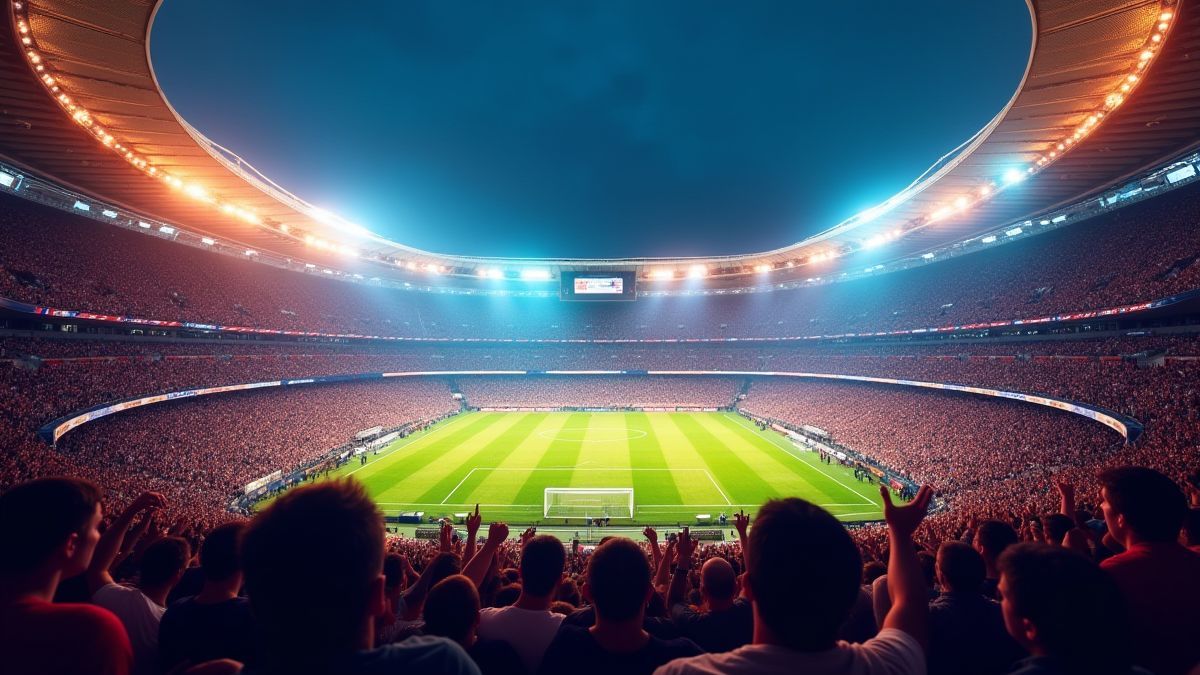 Estadio vibrante con multitudes animadas y luces brillantes.