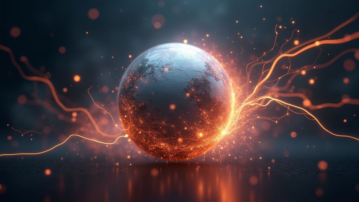 Esfera plateada futurista rodeada de chispas eléctricas.