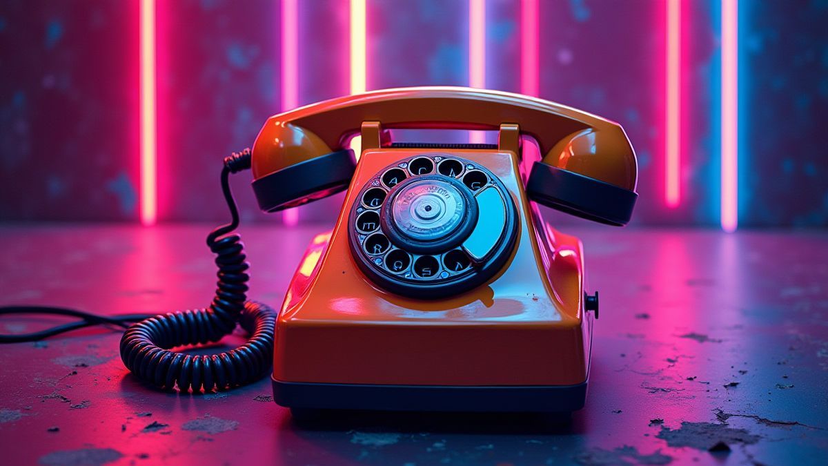 Teléfono móvil retro de los años 80 con luces de neón.