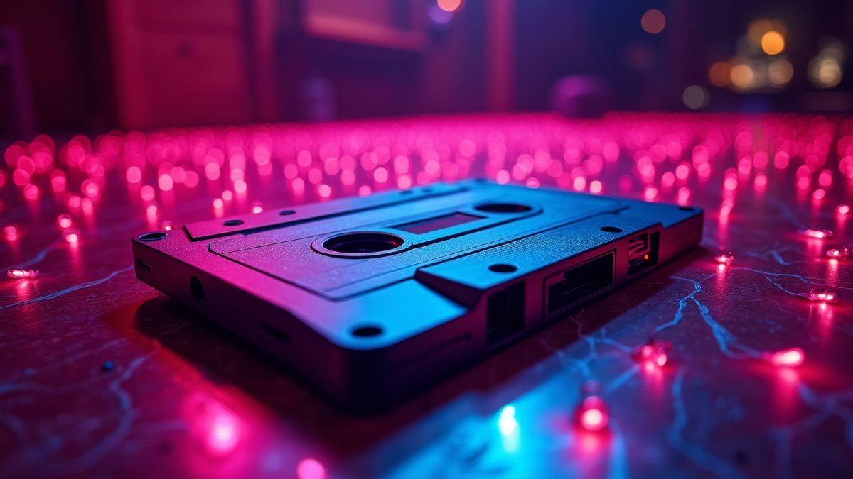 Pista de baile de neón con cintas de casete y luces disco.