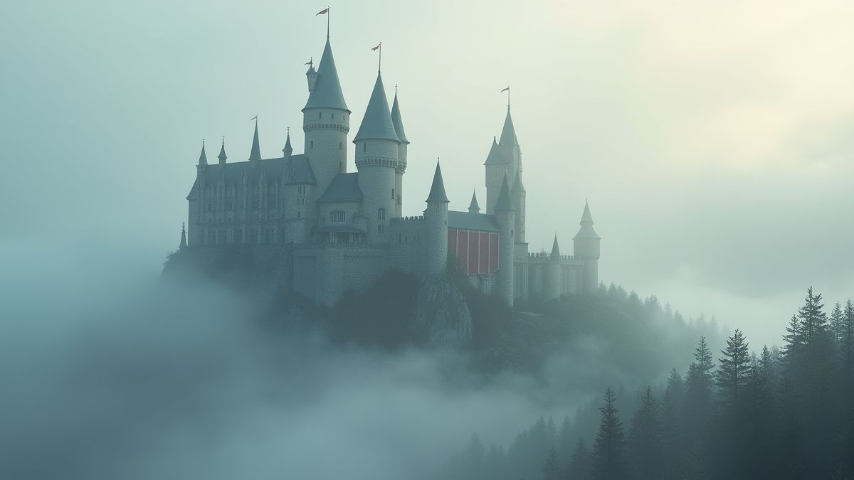 Castillo medieval rodeado de niebla y decorado con banderas y espadas.