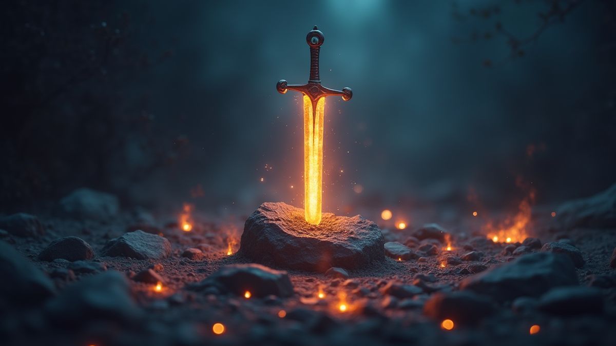 Espada brillante incrustada en una roca rodeada de luces místicas.